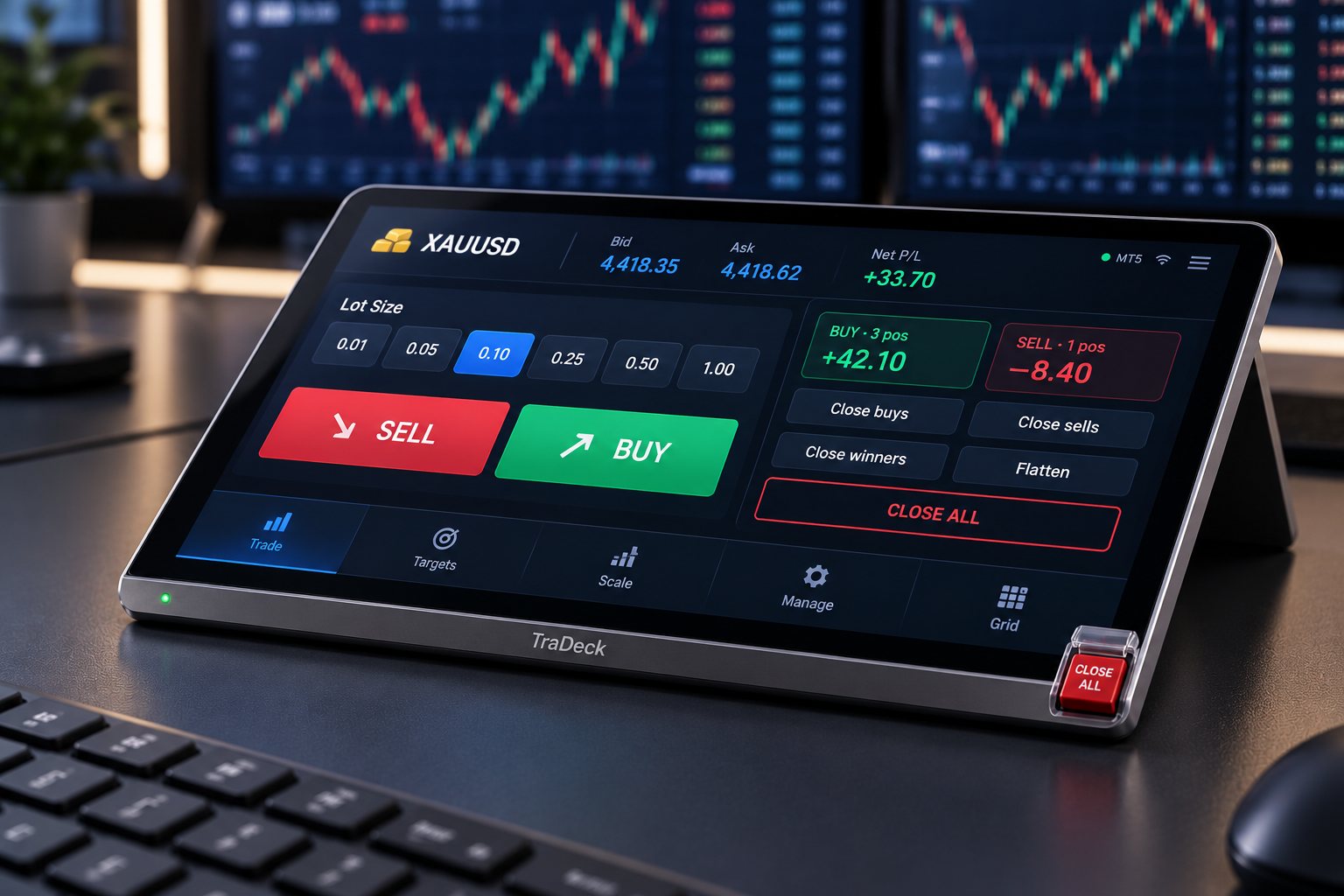 TraDeck trading console concept render: a tablet-style device on a trading desk showing XAUUSD prices, lot sizes, Sell and Buy buttons and a guarded red Close All switch